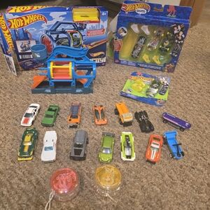 Hot Wheels Car Set, Blue Track, Skate Fingerboards And Shoes
